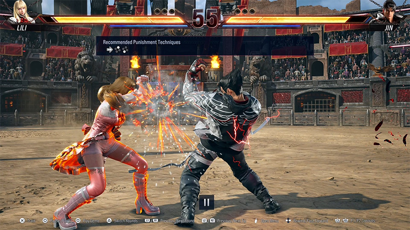 Tekken 8 replay with a tip banner and a row of button prompts